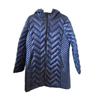 Michael Michael Kors Womens Chevron Packable Down Filled Coat  Hooded XL Blue
